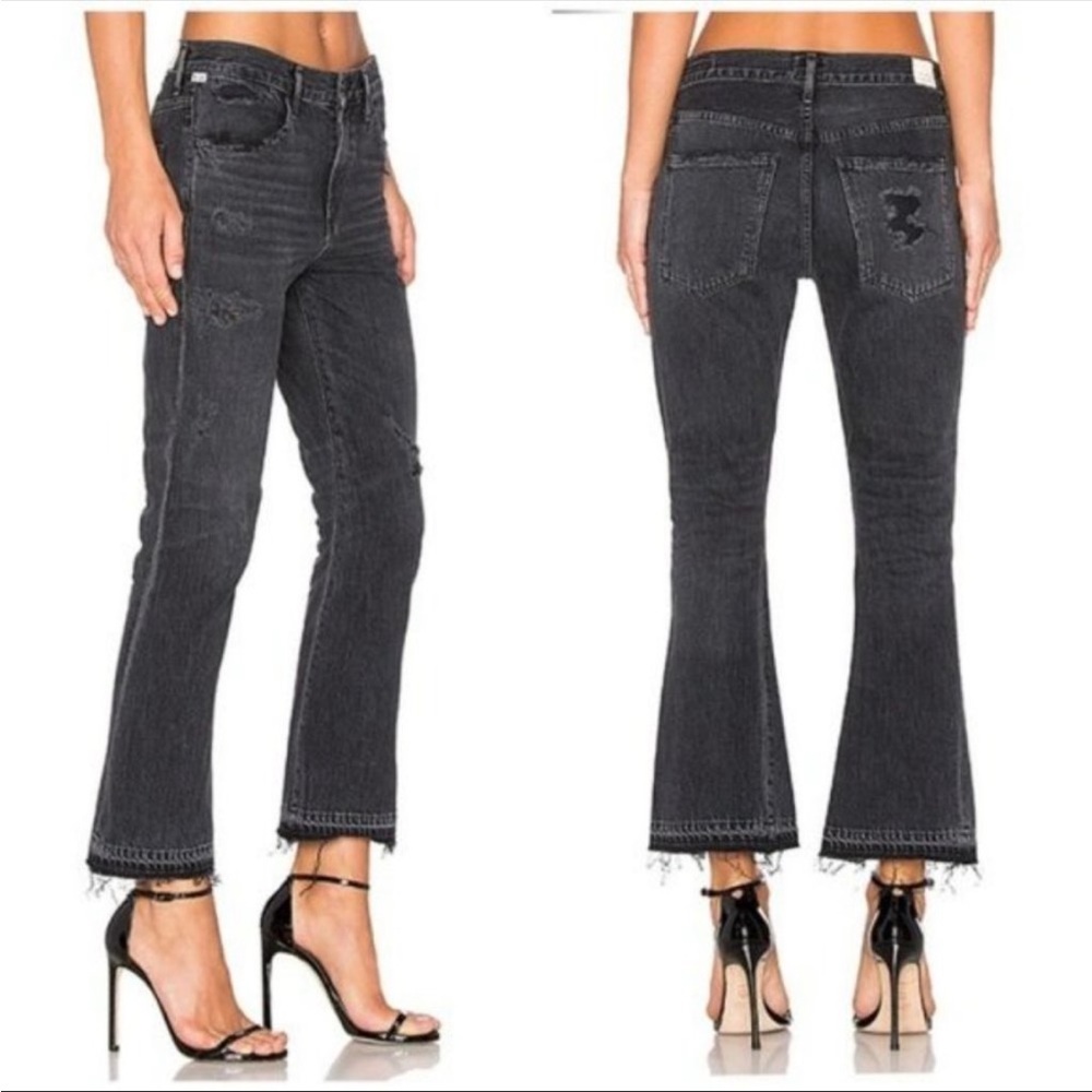 Citizens of humanity sasha twist crop low slung flare faded black raw hem jeans